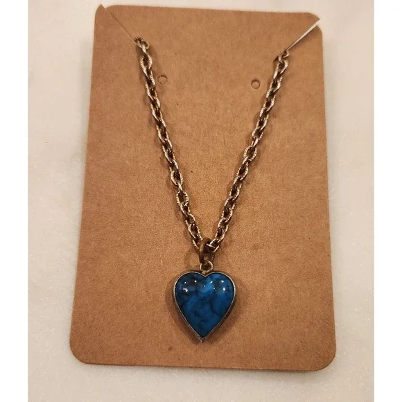 Blue Turquoise Heart Pendant Necklace Natural Stone Look Charm Gold Tone Chain - Picture 10 of 10